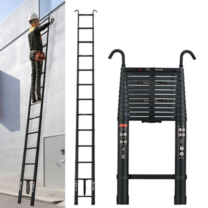 Telescoping Ladder Compact Extension Aluminum with 2 Detachable Roof Hooks