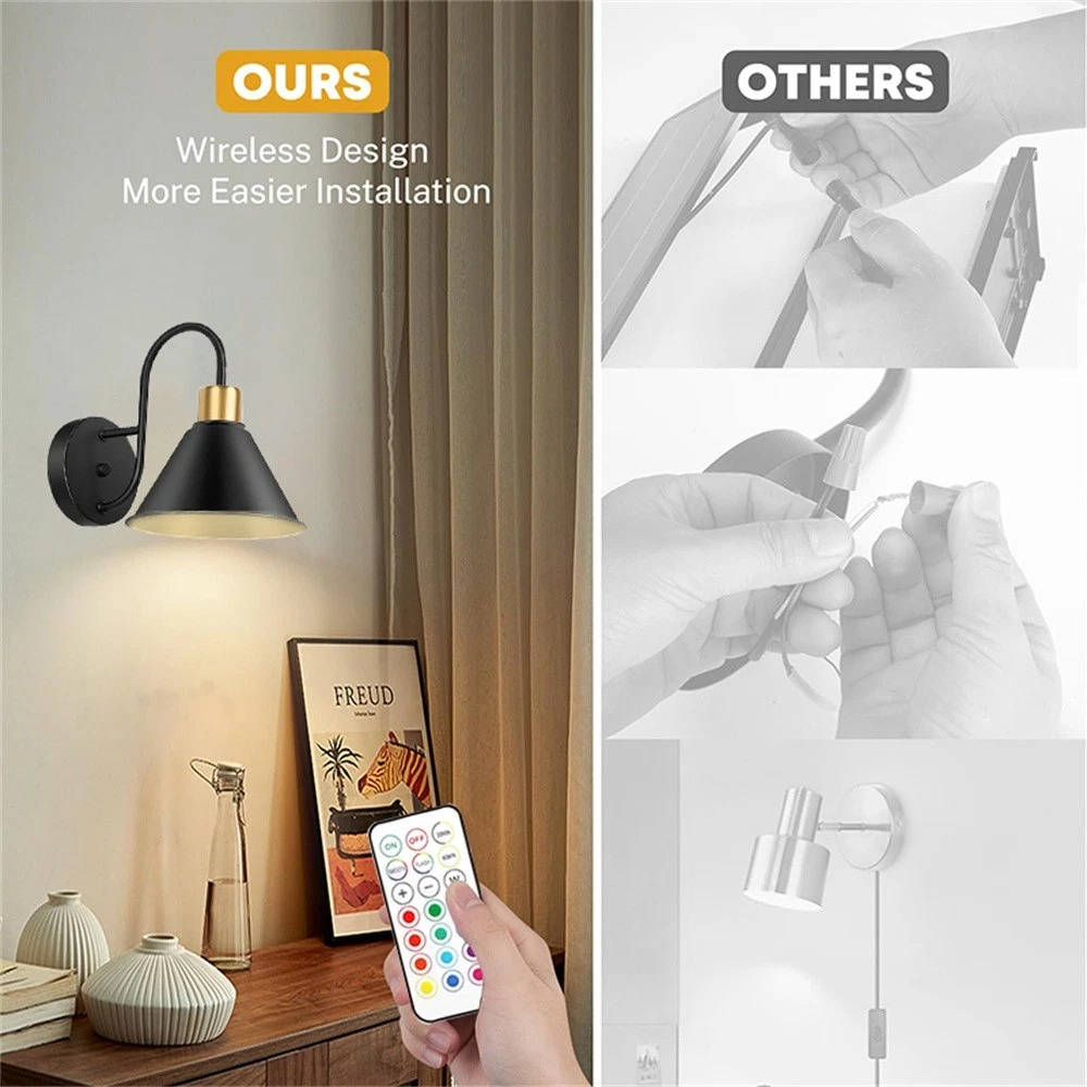 2PKS Battery Operated Wall Sconces with Remote Dimmable Wireless LED Wall Lamp
