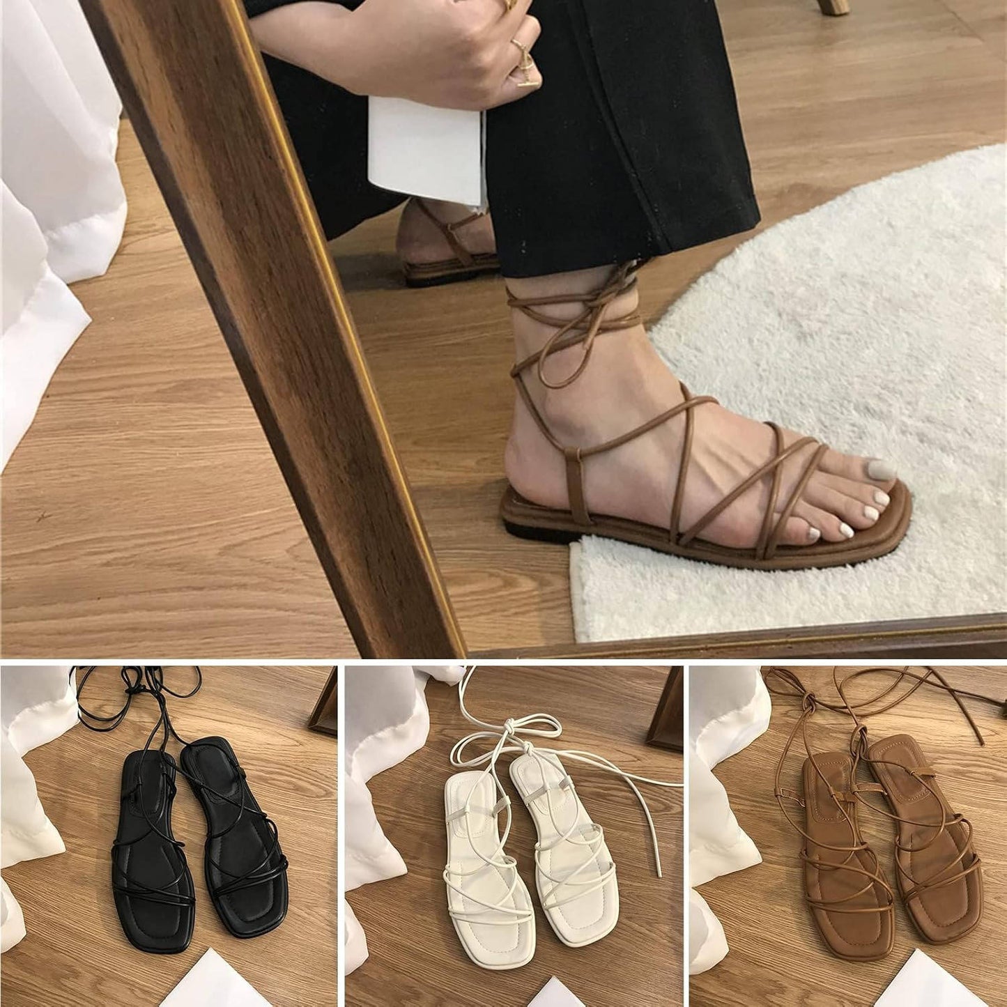 Women's Strappy Lace Up Flat Sandals