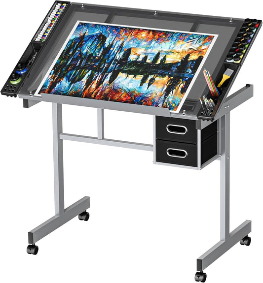 Adjustable Drafting Table on Wheels – Glass Tabletop Drawing Desk with Storage Drawer