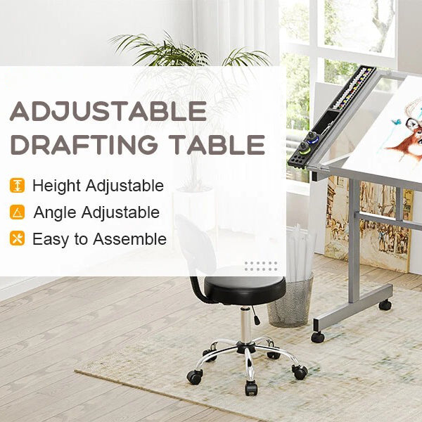 Adjustable Drafting Table on Wheels – Glass Tabletop Drawing Desk with Storage Drawer
