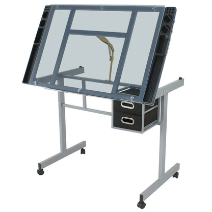Adjustable Drafting Table on Wheels – Glass Tabletop Drawing Desk with Storage Drawer