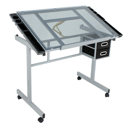 Adjustable Drafting Table on Wheels – Glass Tabletop Drawing Desk with Storage Drawer