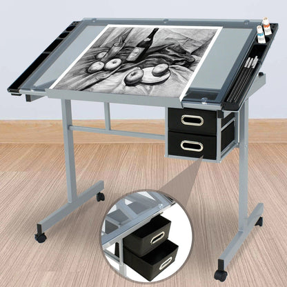 Adjustable Drafting Table on Wheels – Glass Tabletop Drawing Desk with Storage Drawer