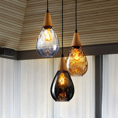 Lámpara colgante vintage en forma de lágrima, vidrio/madera