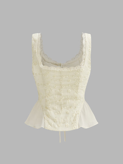 Lace Trim Ruched Floral Peplum Top