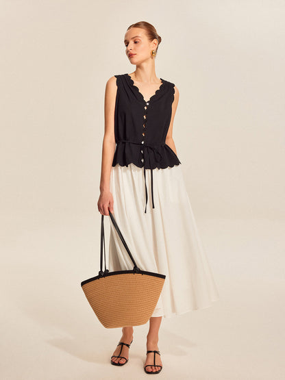 Lace-Trim Scalloped Button-Up Top