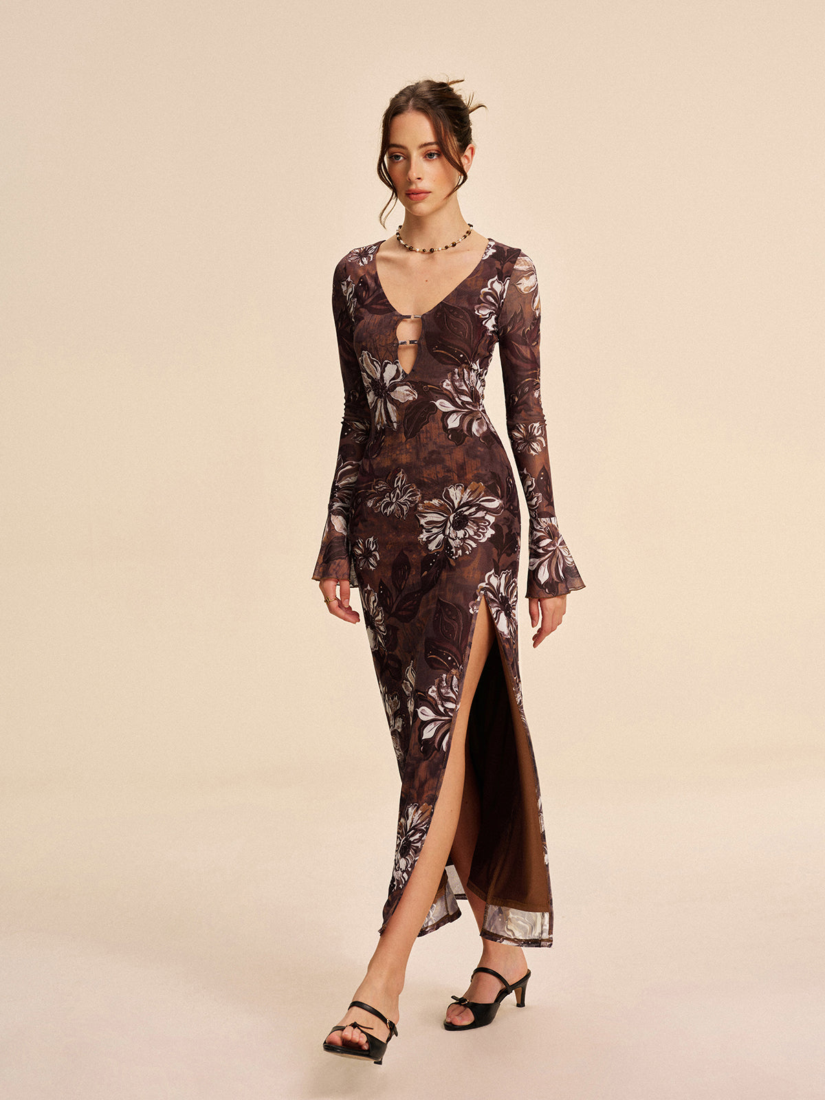 Mesh Floral Cutout Slit Dress