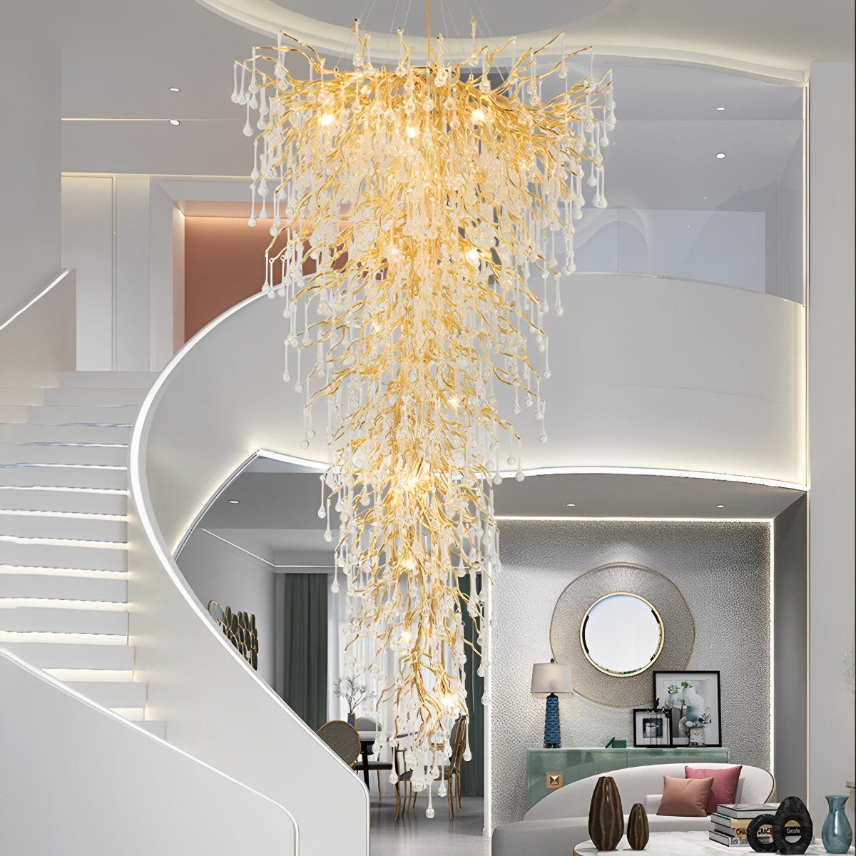 Lustre cascade en forme de goutte d'eau avec branche d'arbre en or moderne de luxe