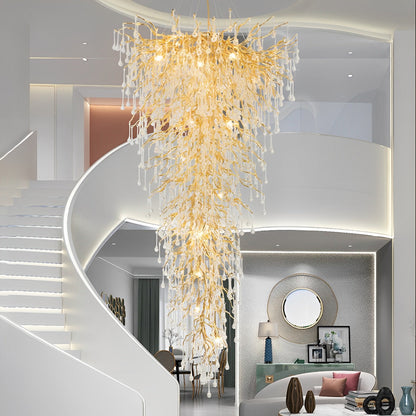 Lustre cascade en forme de goutte d'eau avec branche d'arbre en or moderne de luxe