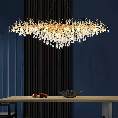 Lustre cascade en forme de goutte d'eau avec branche d'arbre en or moderne de luxe