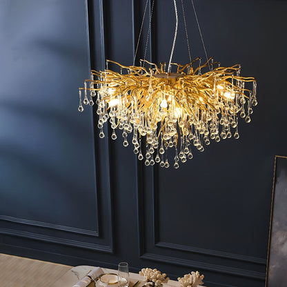 Lustre cascade en forme de goutte d'eau avec branche d'arbre en or moderne de luxe