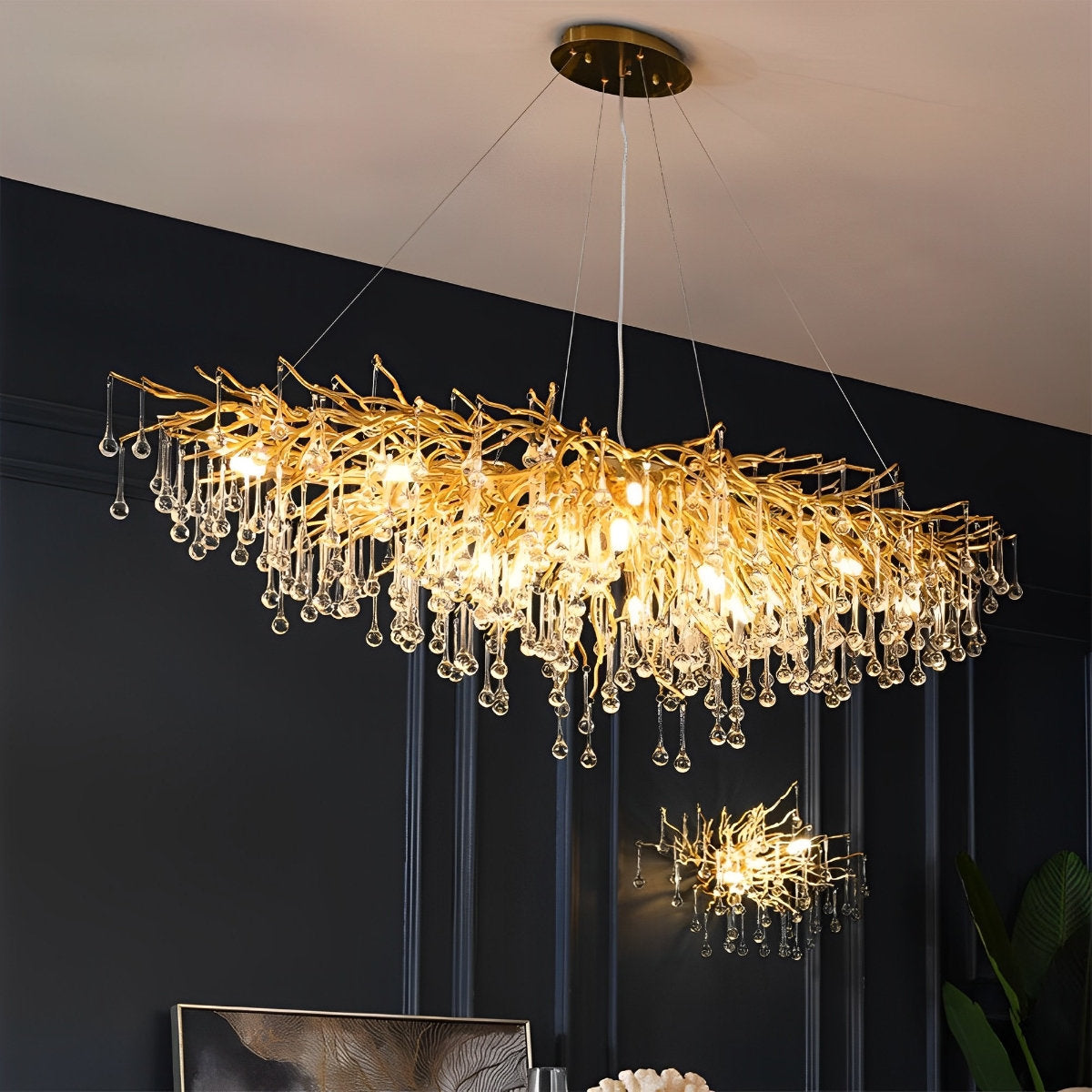 Lustre cascade en forme de goutte d'eau avec branche d'arbre en or moderne de luxe