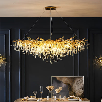 Lustre cascade en forme de goutte d'eau avec branche d'arbre en or moderne de luxe