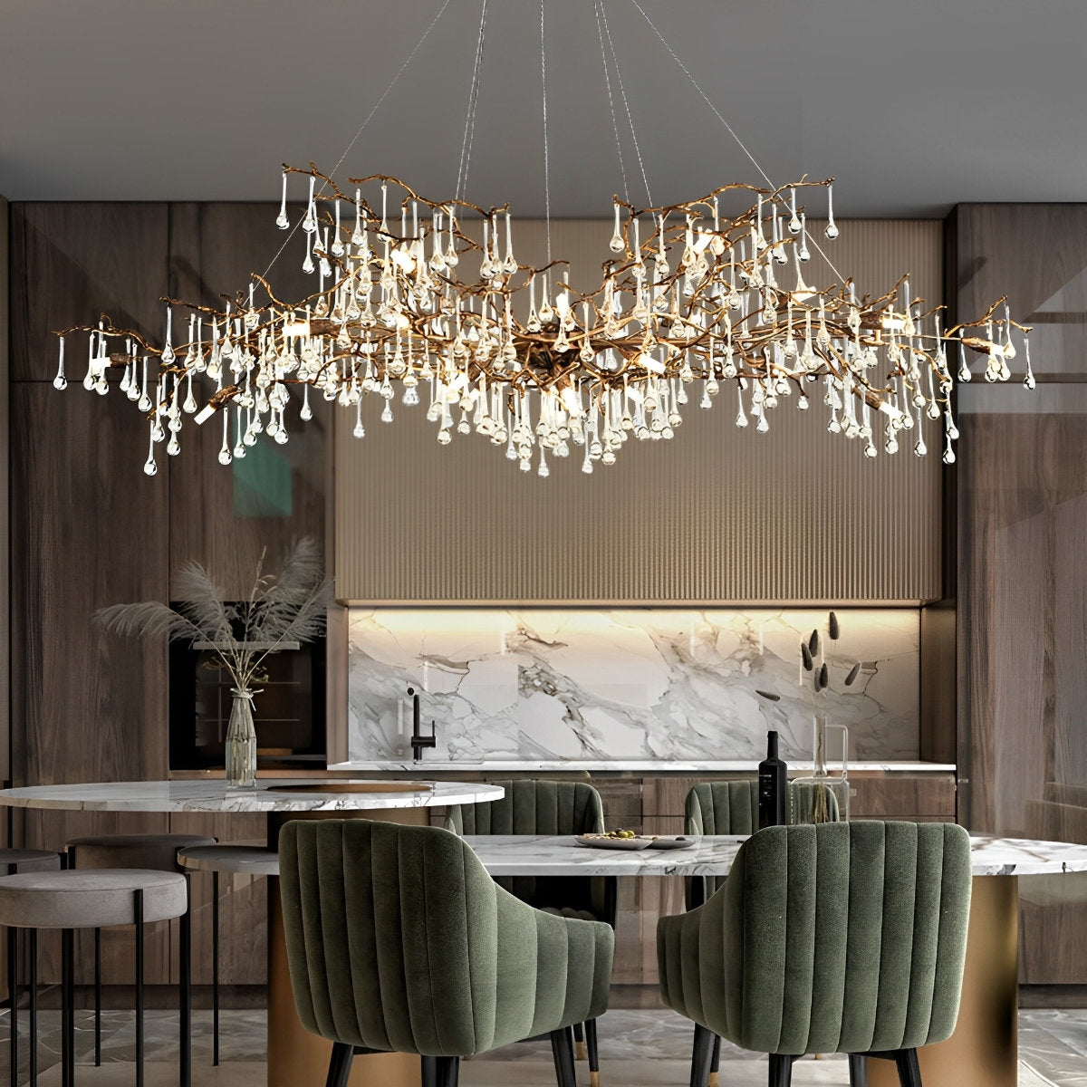 Lustre cascade en forme de goutte d'eau avec branche d'arbre en or moderne de luxe