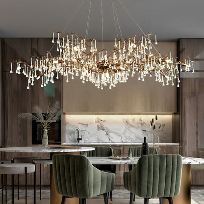 Lustre cascade en forme de goutte d'eau avec branche d'arbre en or moderne de luxe