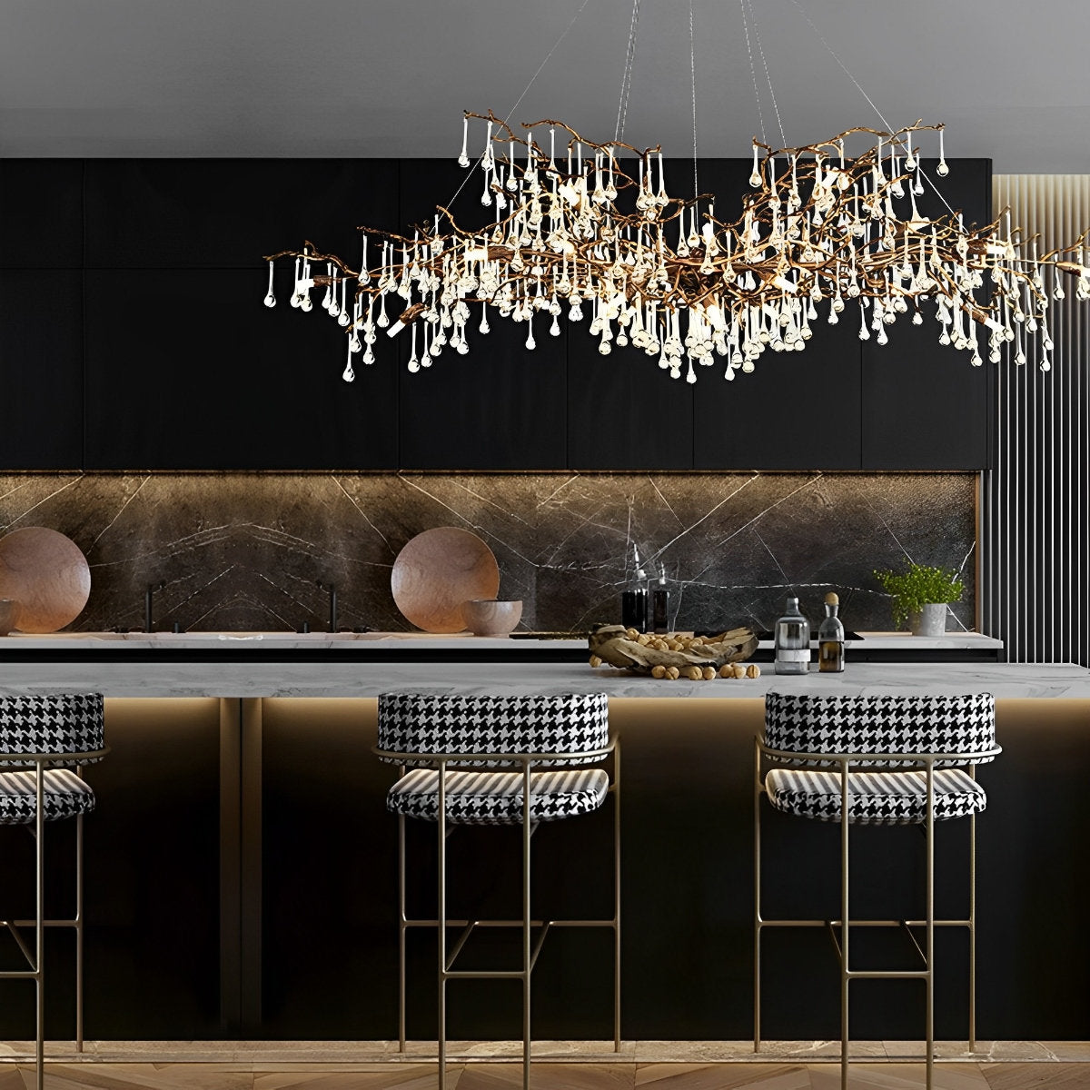 Lustre cascade en forme de goutte d'eau avec branche d'arbre en or moderne de luxe