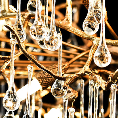 Lustre cascade en forme de goutte d'eau avec branche d'arbre en or moderne de luxe