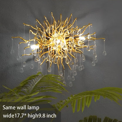 Lustre cascade en forme de goutte d'eau avec branche d'arbre en or moderne de luxe