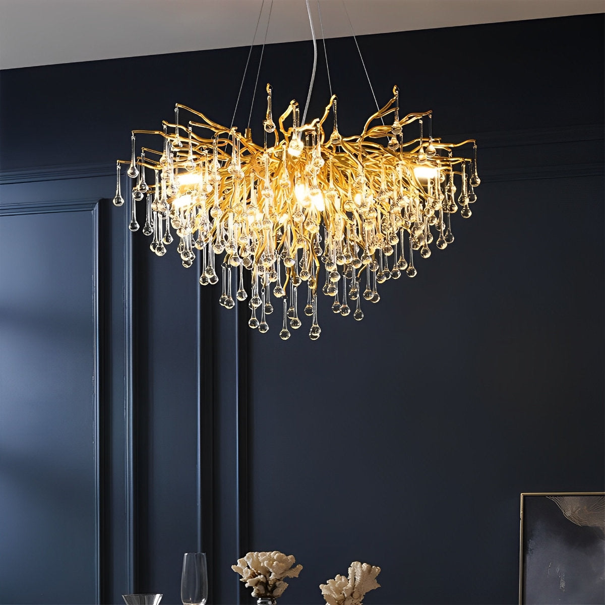 Lustre cascade en forme de goutte d'eau avec branche d'arbre en or moderne de luxe