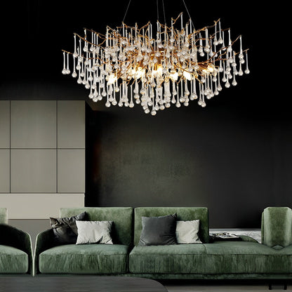 Lustre cascade en forme de goutte d'eau avec branche d'arbre en or moderne de luxe