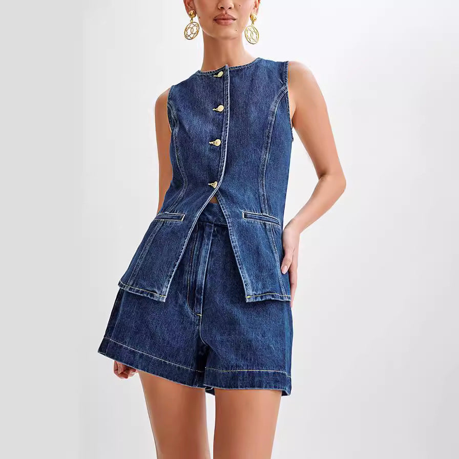 Ondine - Denim Vest and Shorts Set For Women