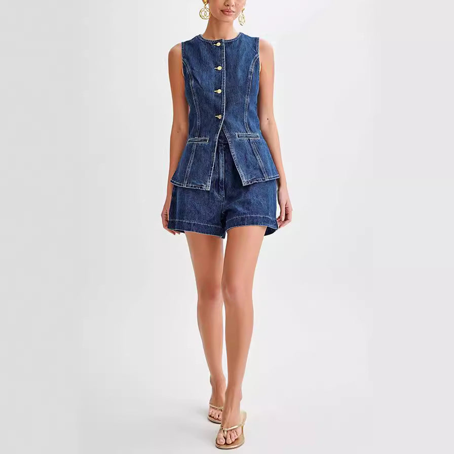 Ondine - Denim Vest and Shorts Set For Women
