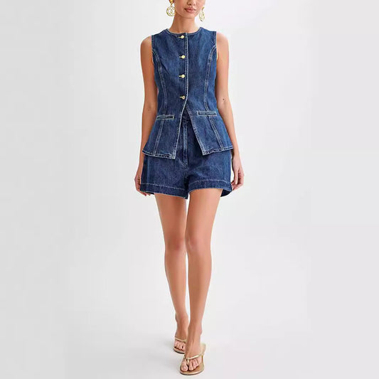 Ondine - Denim Vest and Shorts Set For Women