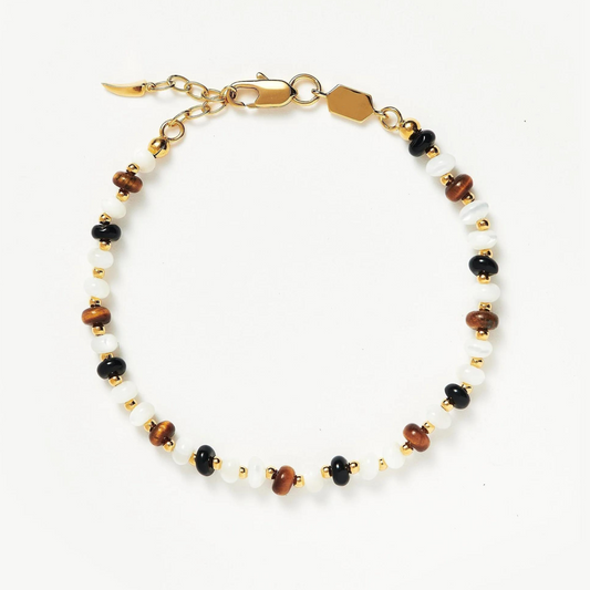 Natural White Mother-Of-Pearl Tiger'S Eye And Black Agate Beaded Bracelet,925 Silver,18k Yellow Gold Plated