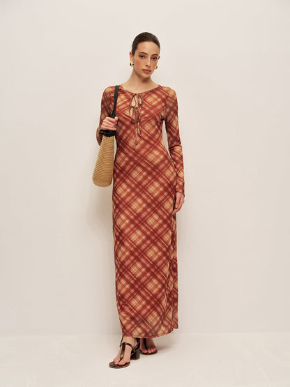 Plaid Tie-Front Long Sleeve Dress