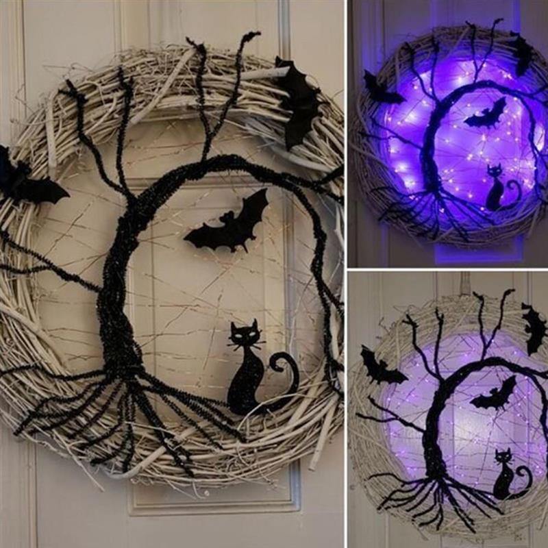 Black Bat Cat Halloween Door Wreath Led Light – Ventayo