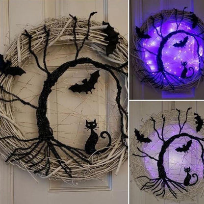 Black Bat Cat Halloween Door Wreath Led Light – Ventayo