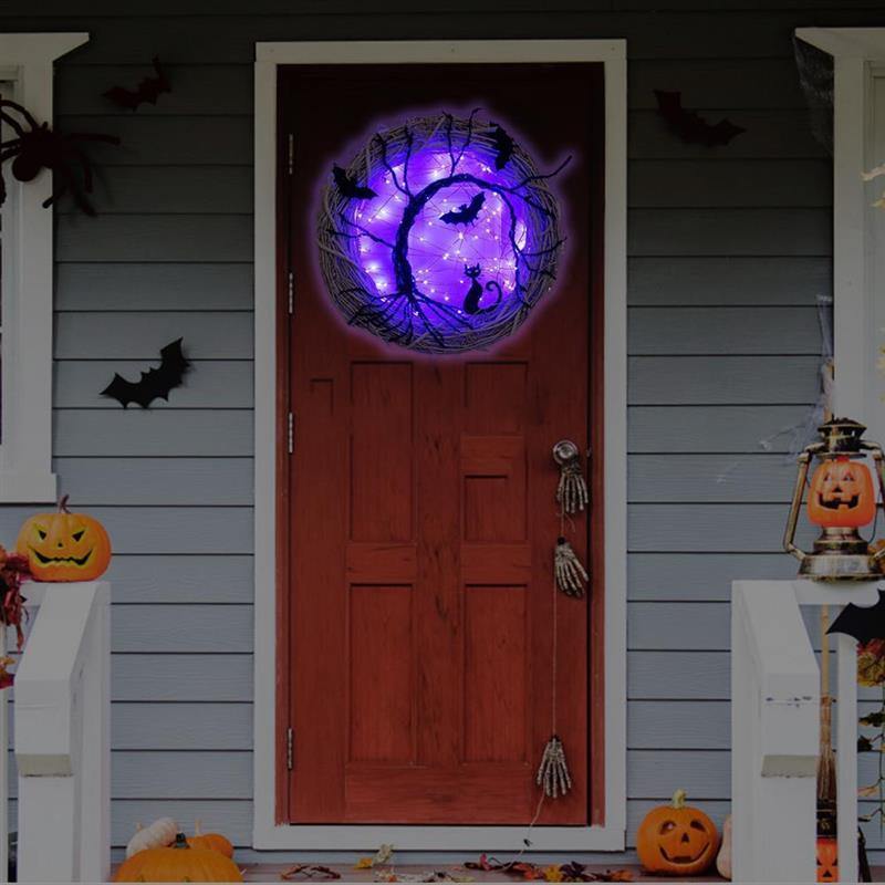 Black Bat Cat Halloween Door Wreath Led Light – Ventayo