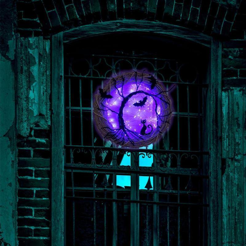 Black Bat Cat Halloween Door Wreath Led Light – Ventayo