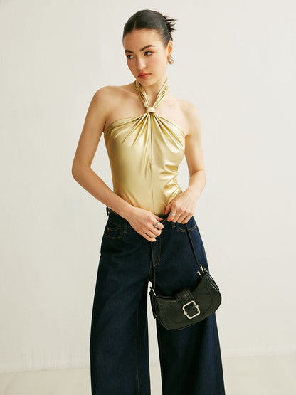 PU Cross-Back Halter Bodysuit