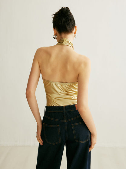 PU Cross-Back Halter Bodysuit
