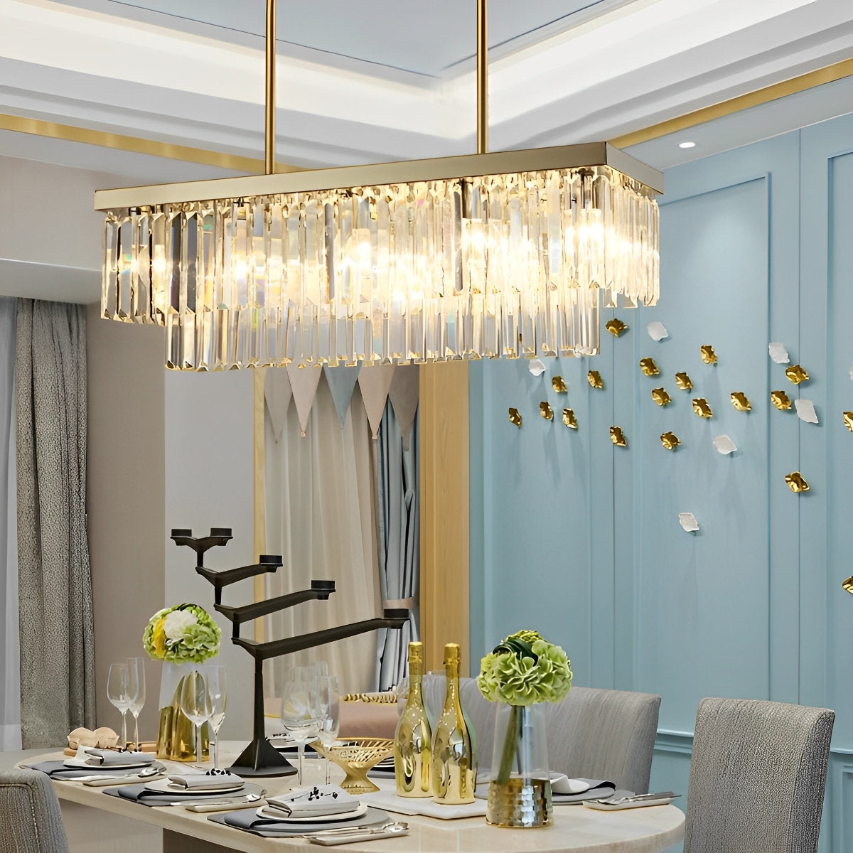 Rectangular LED Three Step Dimming Crystal Strips Postmodern Chandelier