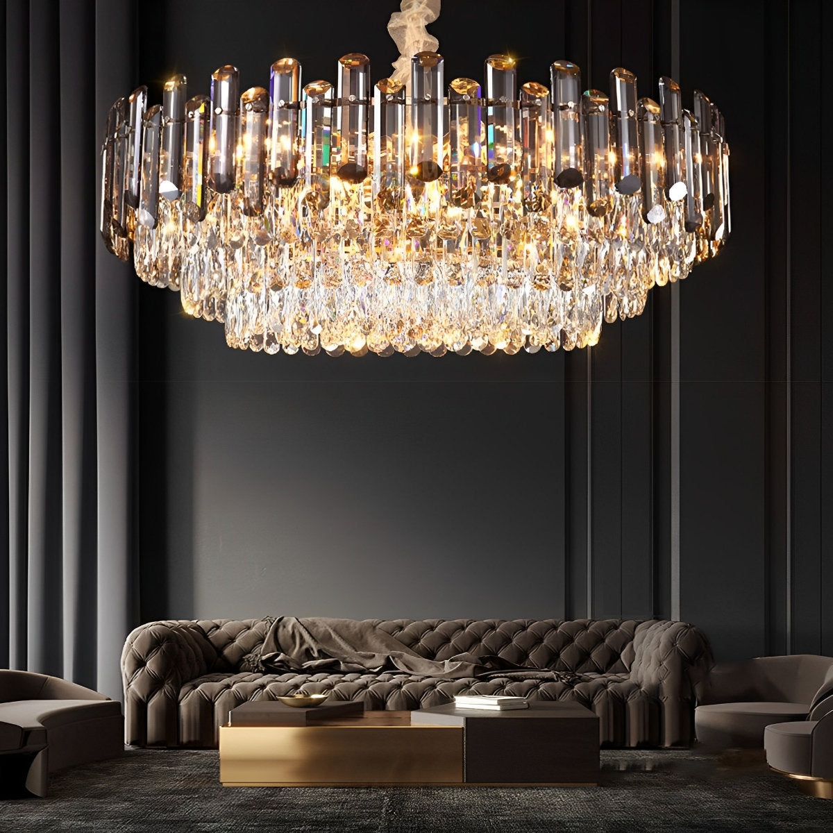 Lustre moderne en métal à électrodéposition cristal multicouche ovale rond