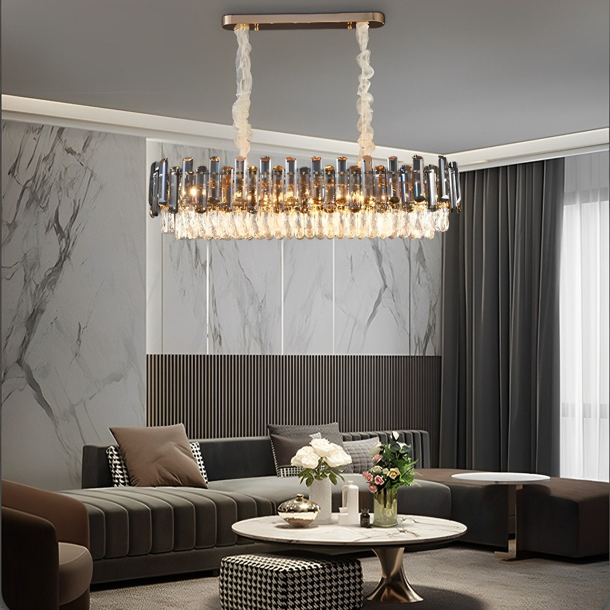 Lustre moderne en métal à électrodéposition cristal multicouche ovale rond
