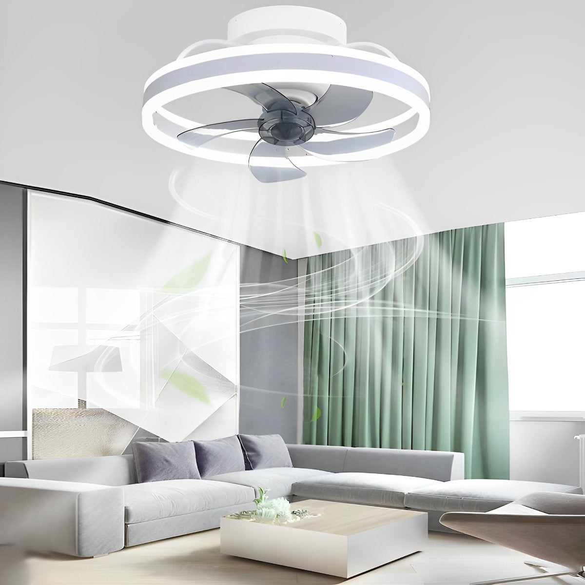Ventilateur de plafond moderne rond à intensité variable sans paliers LED rotatif à 360 degrés