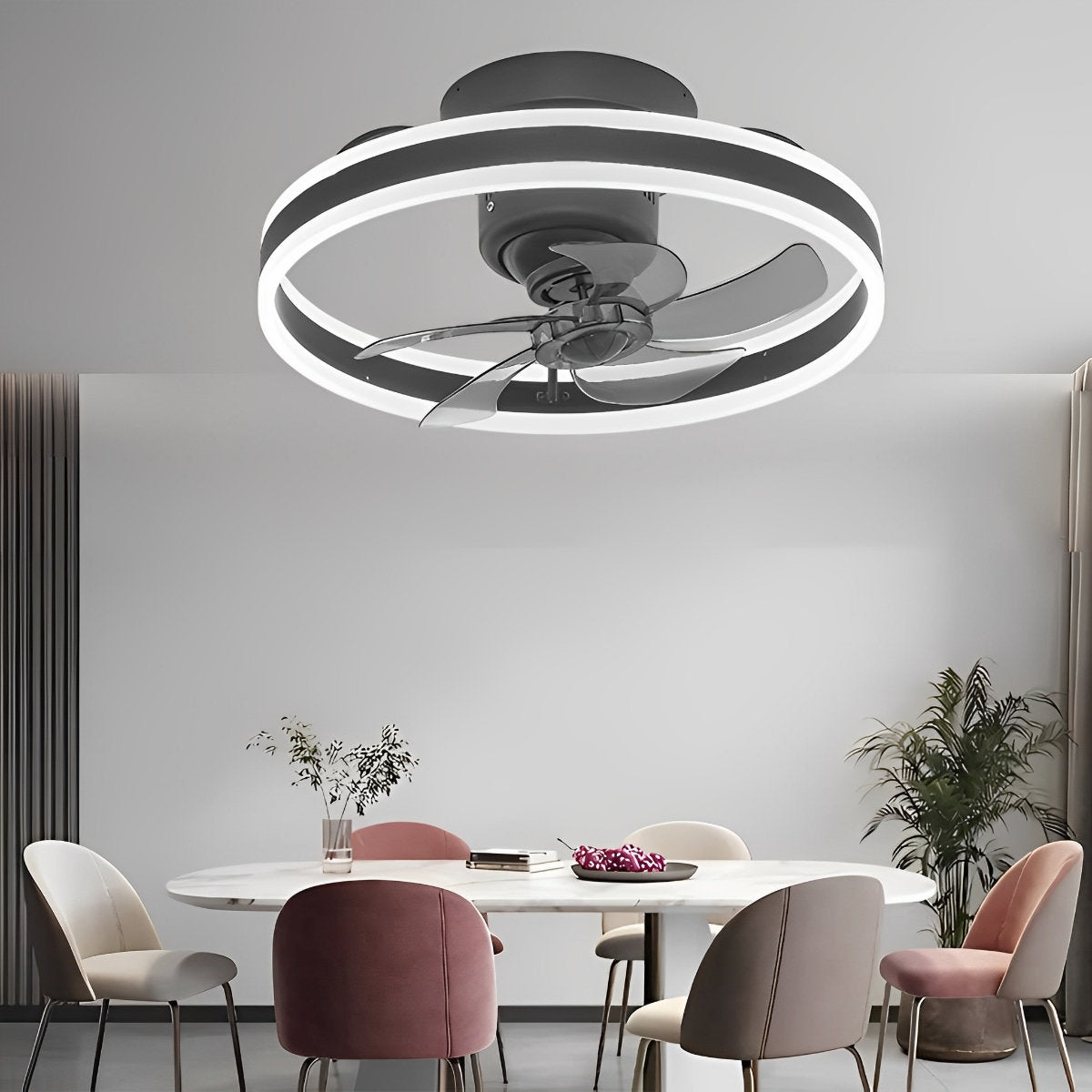 Ventilateur de plafond moderne rond à intensité variable sans paliers LED rotatif à 360 degrés