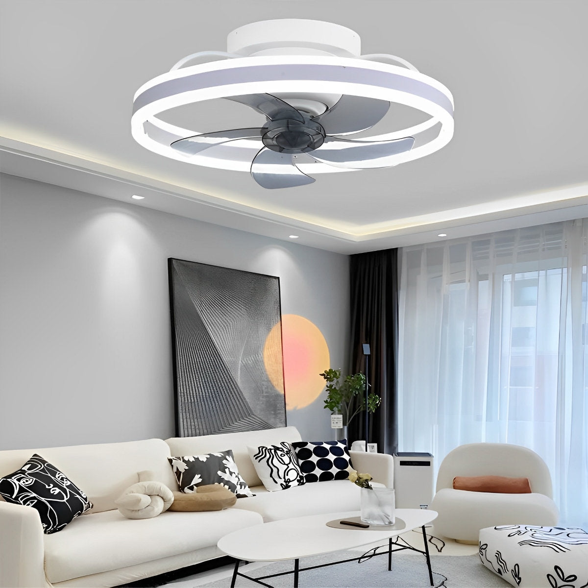 Ventilateur de plafond moderne rond à intensité variable sans paliers LED rotatif à 360 degrés