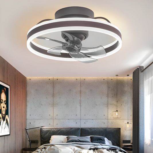 Ventilateur de plafond moderne rond à intensité variable sans paliers LED rotatif à 360 degrés