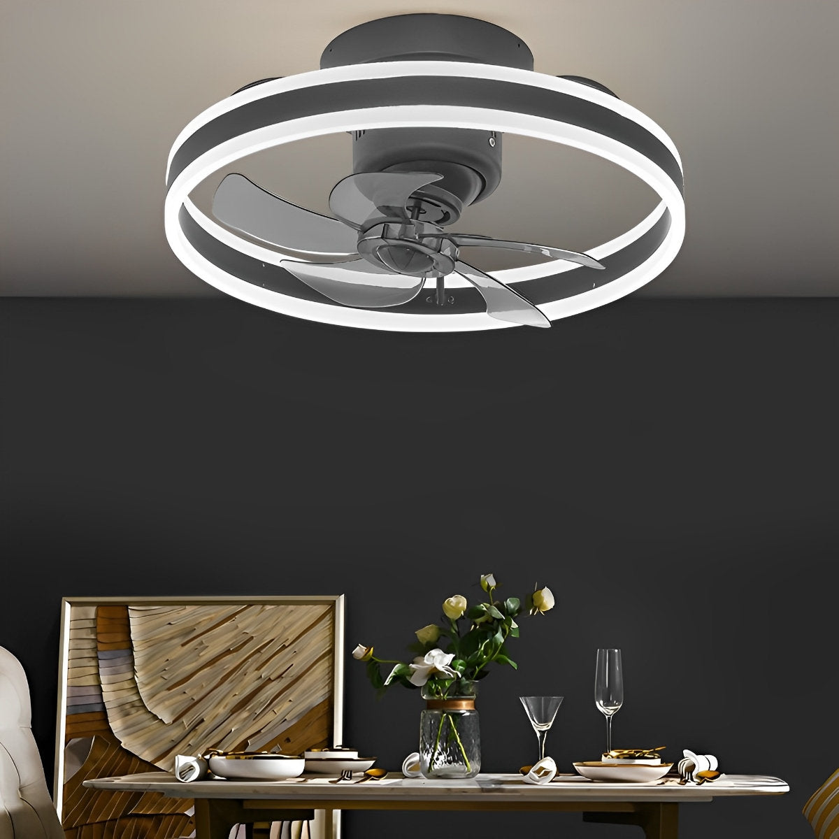 Ventilateur de plafond moderne rond à intensité variable sans paliers LED rotatif à 360 degrés