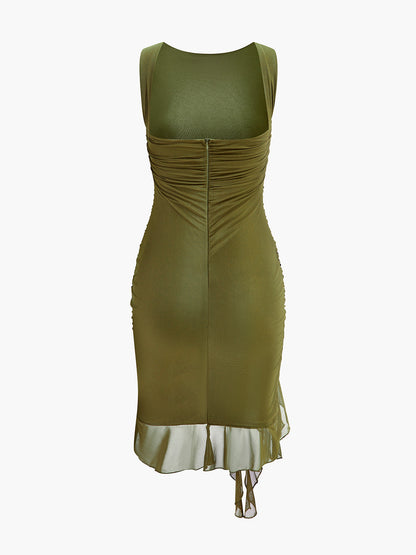 Ruched Asymmetrical Mesh Hem Dress