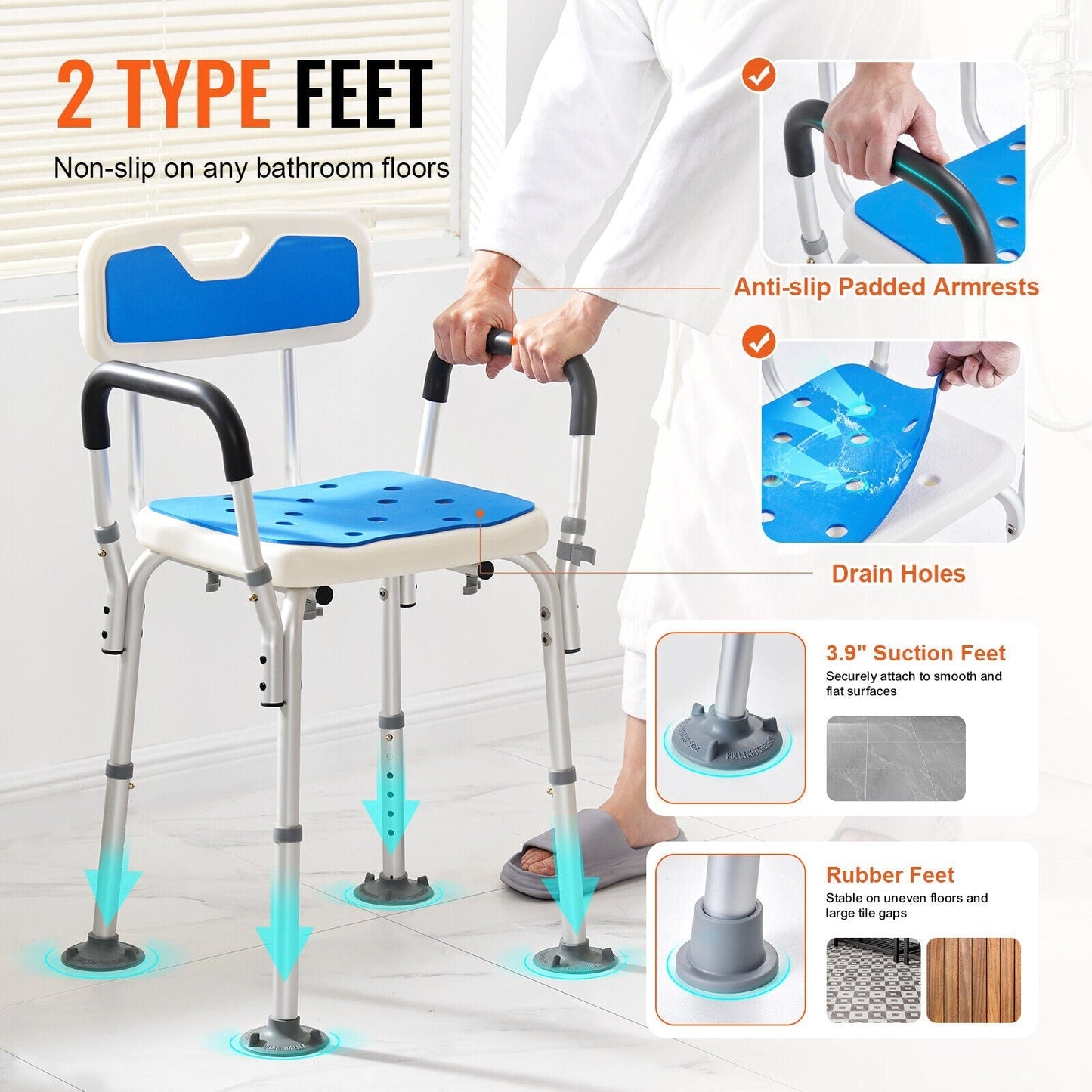 Height Adjustable Shower Chair – Sturdy Bathroom Bath Seat with Non-Slip Feet