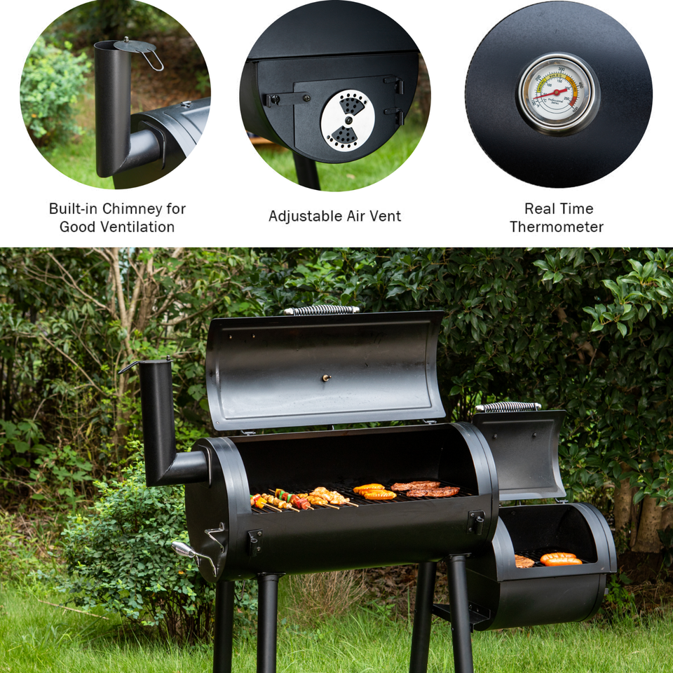 Dual-BBQ Charcoal Grill with Offset Smoker Combo