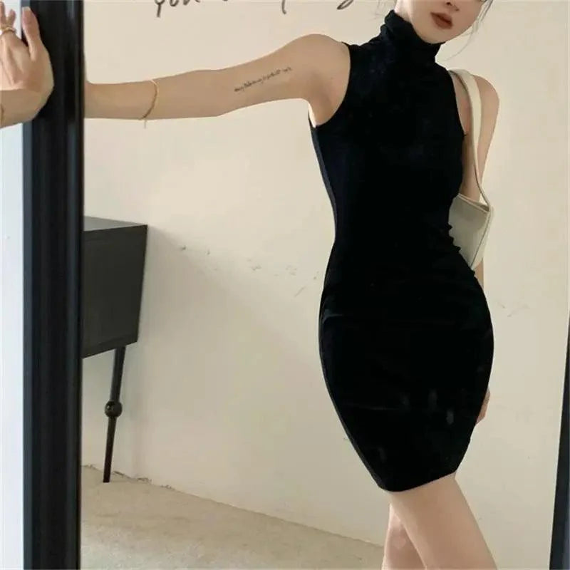 Sexy High Neck Oversleeve Pleated Bottom Wrapped Hip Bodycon Tight Dresses