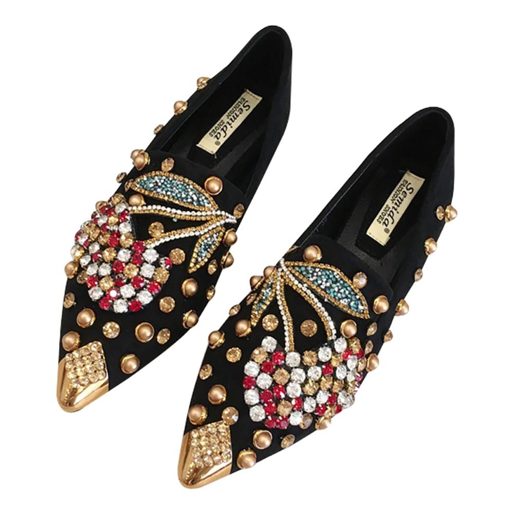 Daphne Luxurious Rhinestone Cherry Metal Pointed Toe Flat Shoes