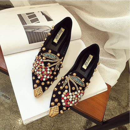 Daphne Luxurious Rhinestone Cherry Metal Pointed Toe Flat Shoes